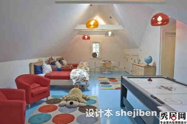 双胞胎卧室蓝色地面搭配什么颜色床 尖顶式两个孩子房间摆放两张床装修效果图