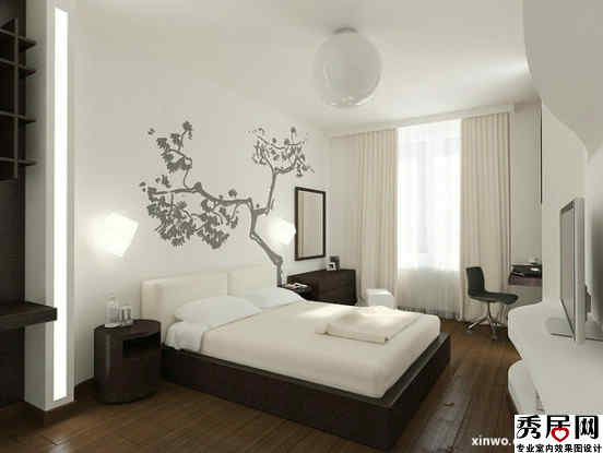 树枝图案素描画卧室床头背景墙装修效果图 现代手绘素描画卧室背景墙设计图片