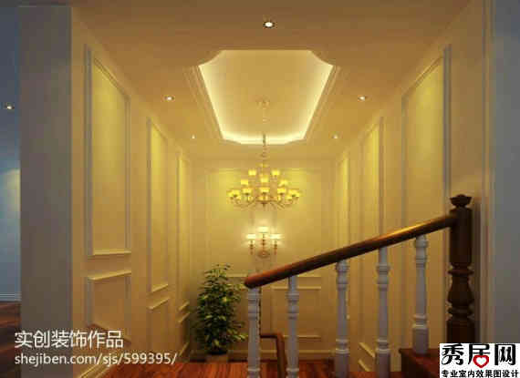 复式楼梯口背景墙白色石膏板材质墙面造型图 现代式风格楼梯口八边形吊顶装修效果图