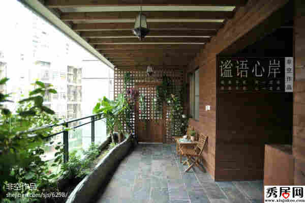 中式田园阳台风格家居装修案例设计图片 新古典中式仿古地砖花园阳台装修效果图