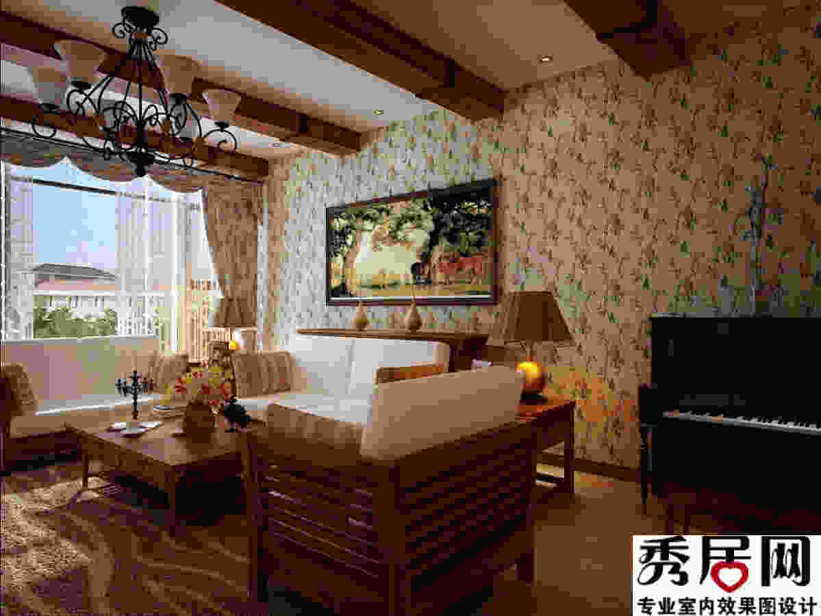 现代简约客厅电视墙贴什么墙纸既实用又美观 美式田园客厅满铺小碎花墙纸装修效果图