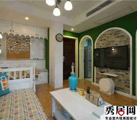 仿古砖图案电视背景墙壁纸贴图 欧美式复古风格电视背景墙壁纸装修效果图