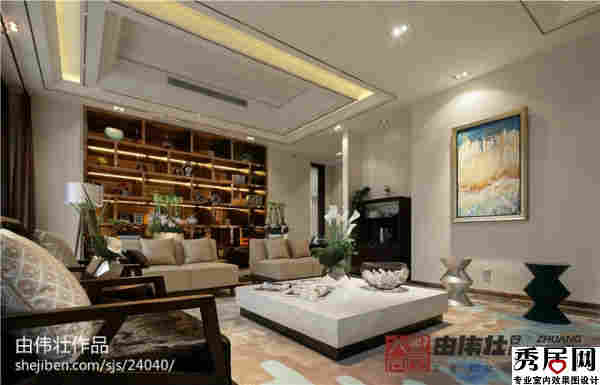 大户型客厅沙发背景墙内嵌式木色实木搁板古董架造型设计图 现代式160平方米客厅白色大理石地桌装修图