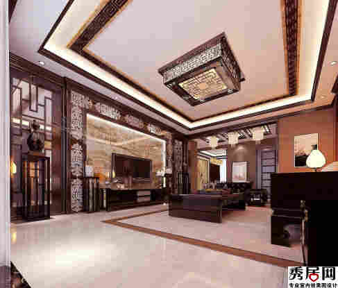 尊贵中式风格客厅荷叶壁画电视背景墙装修效果图 中式木质线条吊顶造型设计图片