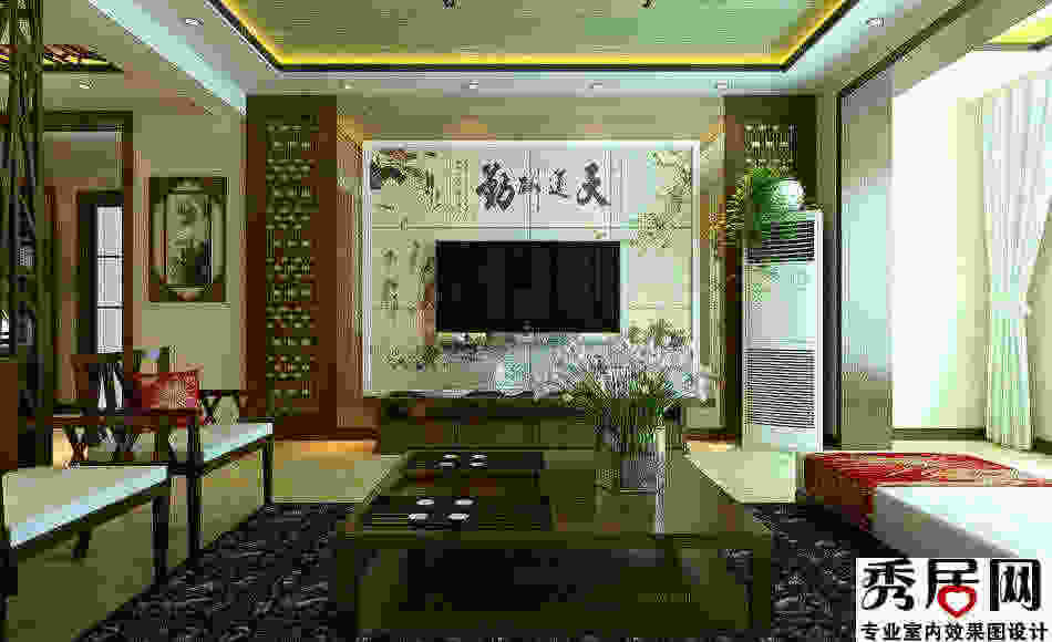 中式客厅瓷砖拼画电视背景墙装修效果图 艺术拼画瓷砖电视墙面设计图片