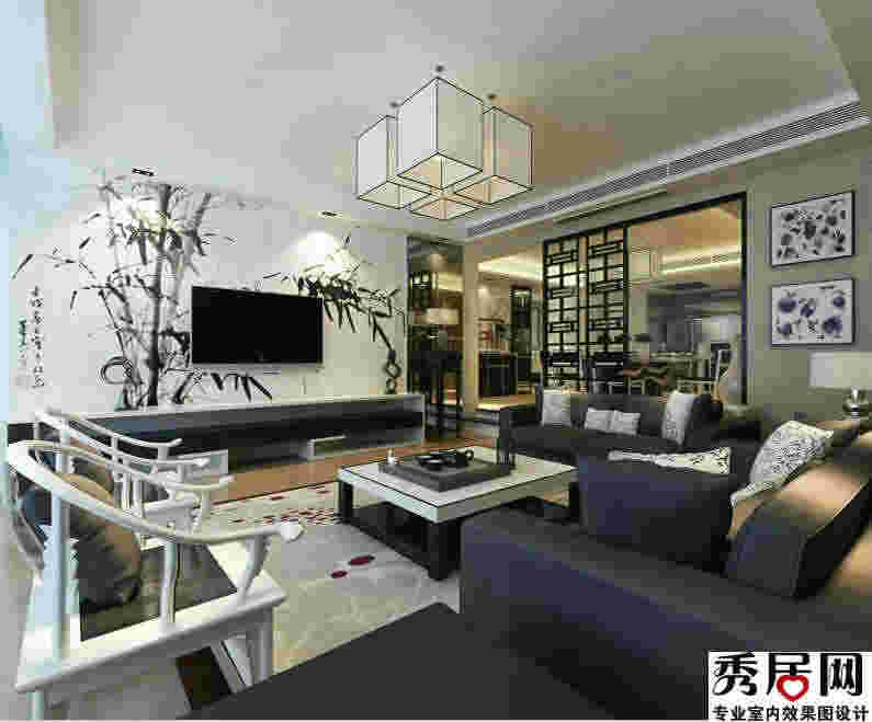 客厅电视墙面手绘竹子画装修效果图 电视背景墙手绘竹子风景画设计图片