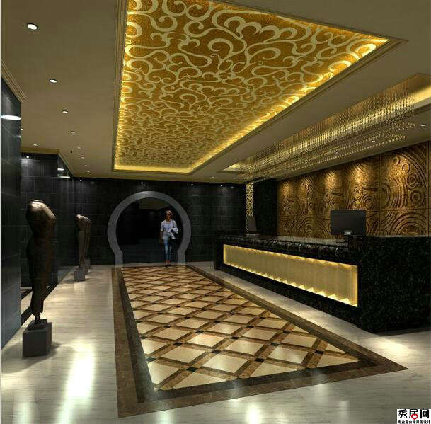 酒店会所印花烤漆玻璃吊顶装修效果图 酒店大厅金黄色印花钢化玻璃吊顶设计图