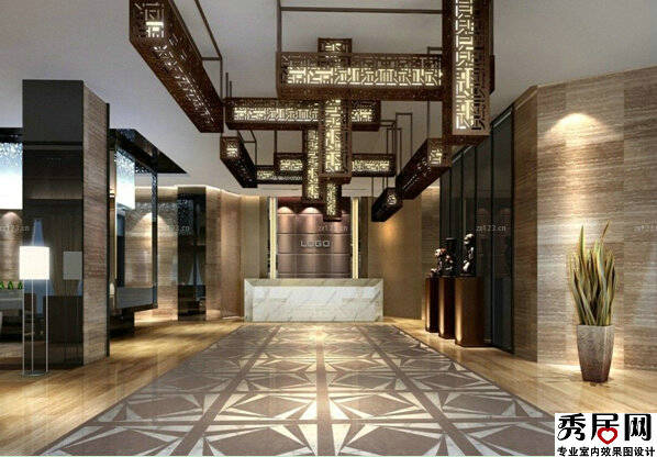 中式酒店大堂实木镂空雕花多组长方形吊灯装修效果图 酒店大堂欧仕顿复古木灯图片