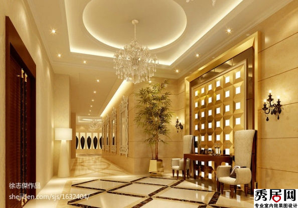 五星级酒店过道摆放沙发背景墙怎么装修上档次 欧式风格走廊中间奢华吊灯过道一排筒灯装修图