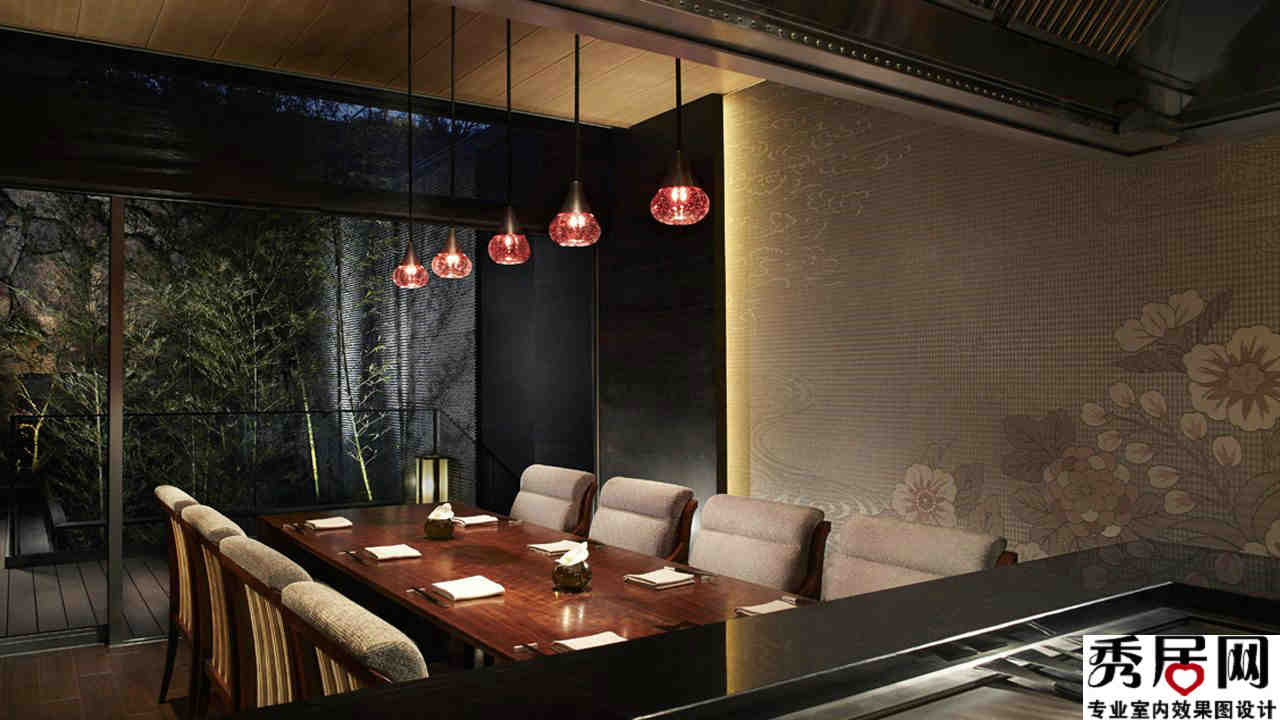 休闲度假星级酒店餐厅包间装修效果图 酒店餐厅红色碗型五头吊灯装修设计图
