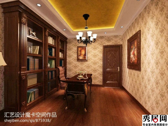 欧式风格书房墙面整体书架造型设计图 奢华高贵书房墙面褐色印花壁纸搭配棕色书架装修图