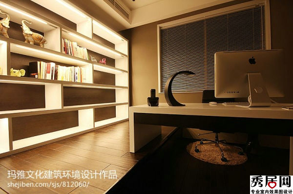 书房安装内嵌式壁挂式空调造型设计图 简易复式书房墙面摆放搁板书架装修效果图
