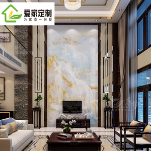电视背景墙复式楼客厅微晶石新中式跃层背景墙瓷砖八路进宝