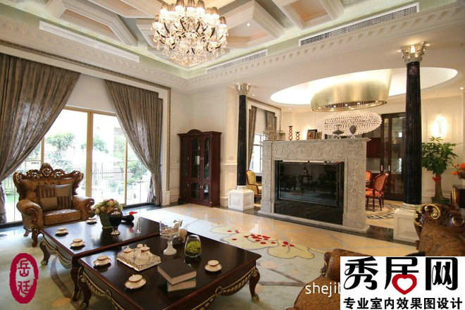 别墅客厅餐厅相连电视墙隔断装修效果图 手工雕刻电视半墙隔断高度设计图片