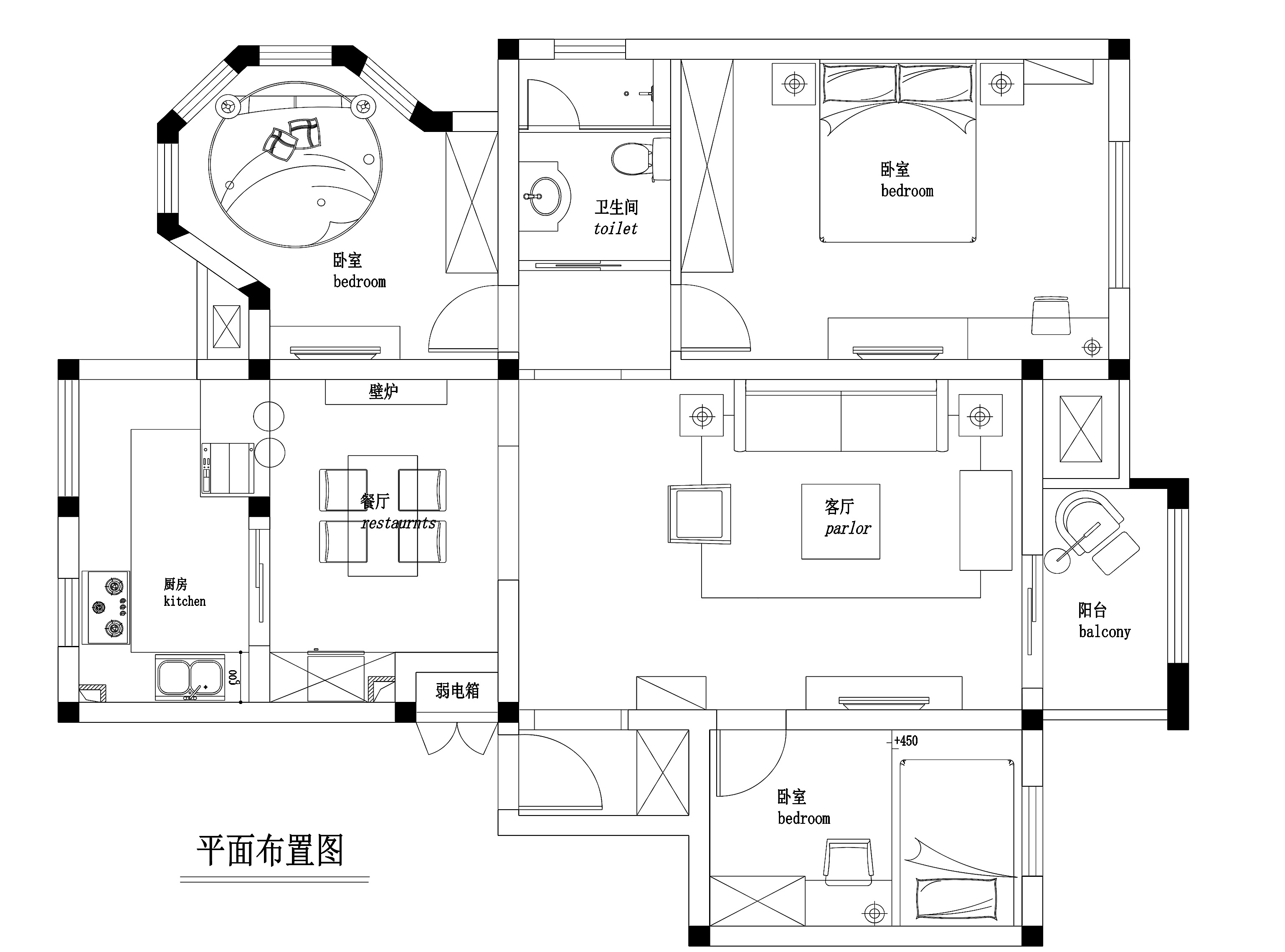 100㎡混搭风格三居室私人住宅装修施工图