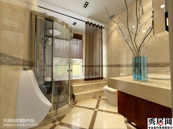 卫生间跃层式浴缸墙角淋浴造型设计图 现代式风格小卫浴安装两个坐便池装修效果图