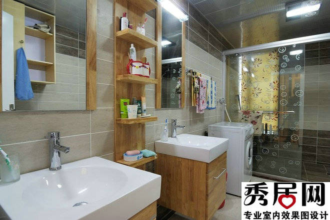 卫生间墙面实木置物架尺寸装修效果图 厕所背景墙安装实木板储物架图片