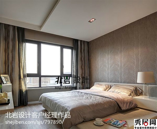 卧室金银色反正面窗帘造型设计图 简欧风情别墅卧室米色榻榻米床装修效果图