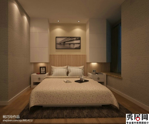卧室磨砂墙面搭配地板造型设计图 简欧风格卧室两侧床头柜上面储物柜子装修效果图