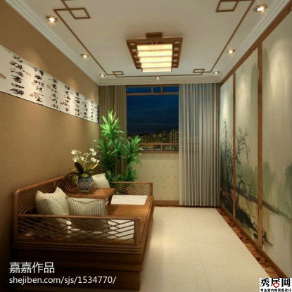 小户型客厅水墨画屏风隔断装修图 中式创意木框水墨画屏风隔断装修图
