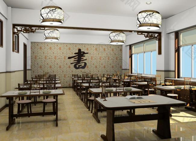 古典书法室装修效果图_3室2厅1卫户型图装修效果图_古典气息的书法教室