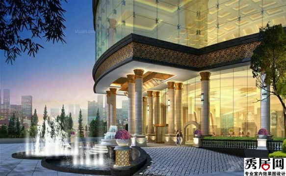 高档欧式豪华五星级酒店大厅门口景观喷泉造型设计装修效果图