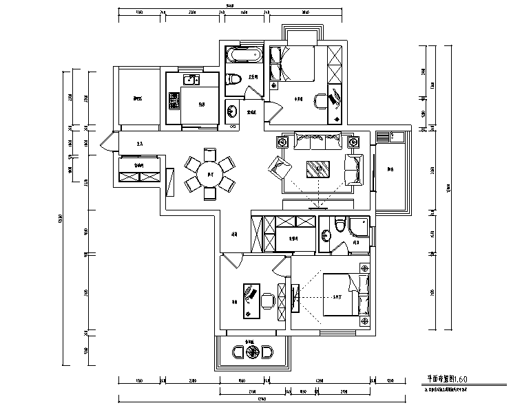 现代简约风蓝色淡雅三居室住宅设计施工图（附效果图）