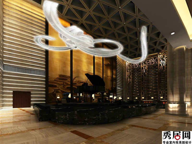 国际酒店大堂挑高钢琴表演舞台装修效果图 酒店大厅黑金花大理石表演舞台设计图