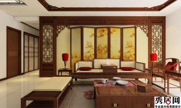 中式客厅沙发墙装修效果图大全 新中式风格小客厅沙发墙屏风搭配实木墙面造型设计图
